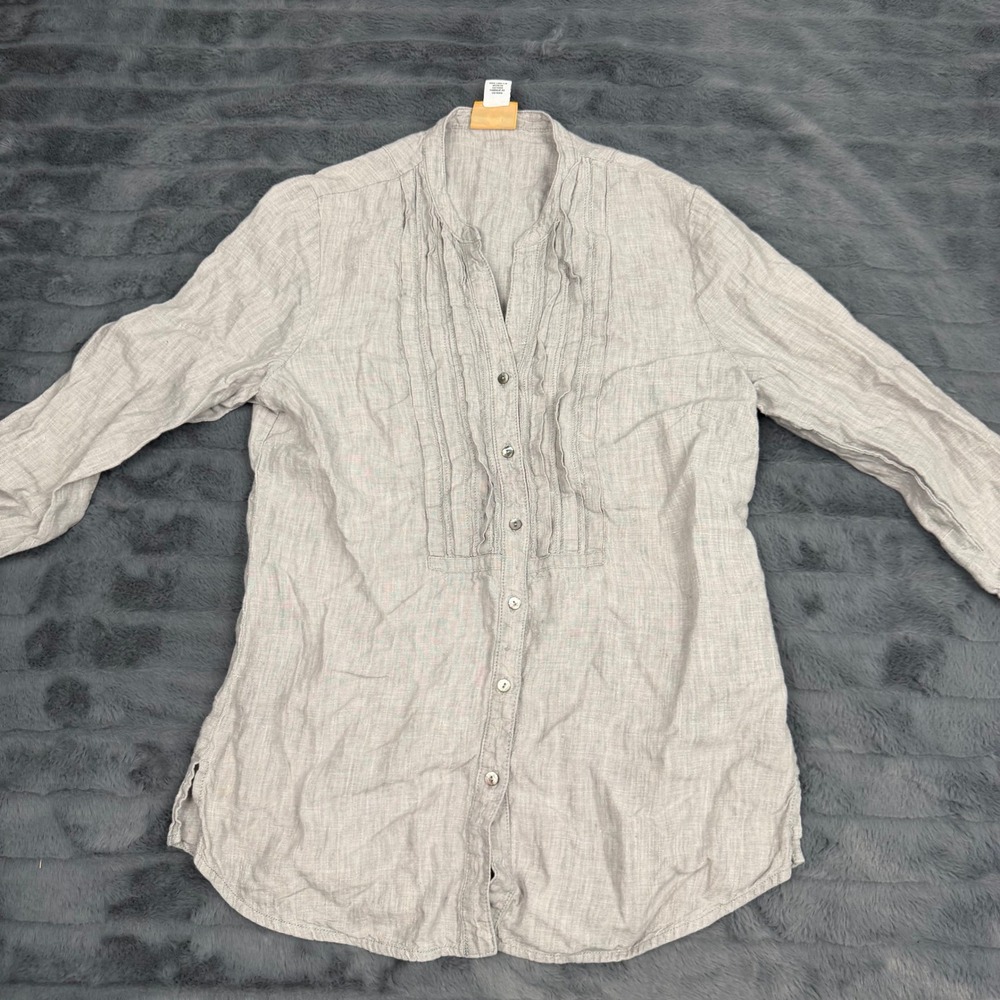 Ruby Rd Womens Light Gray 100% Linen Pleated Bib Button Up Tunic Blouse Size S